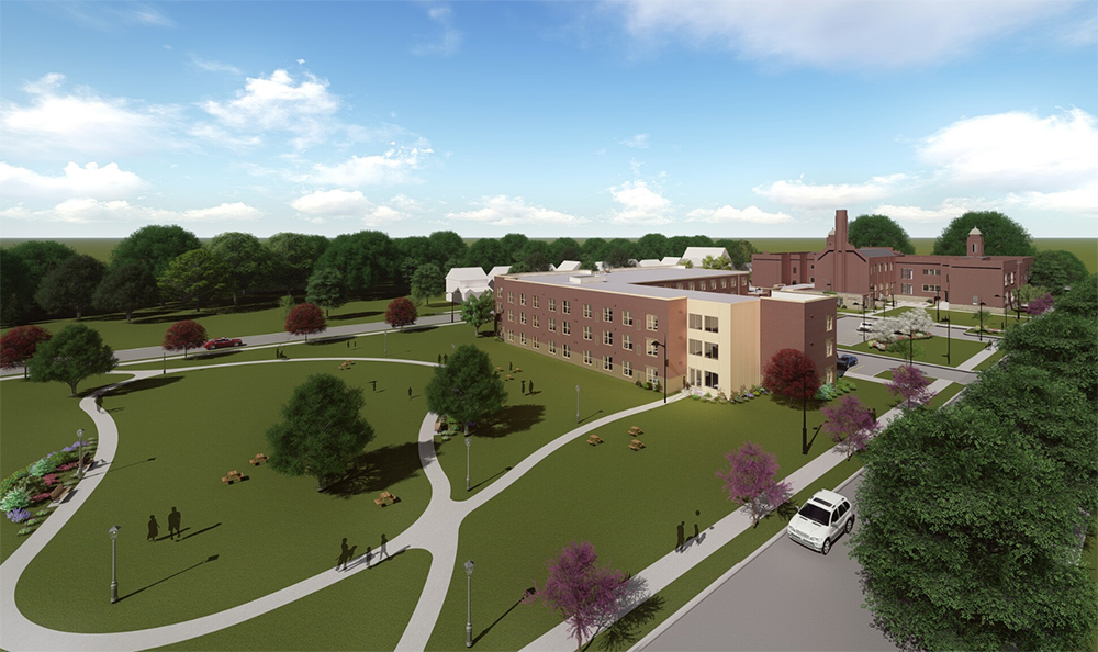 Ariel view rendering of the courtyard area of The Longfellow